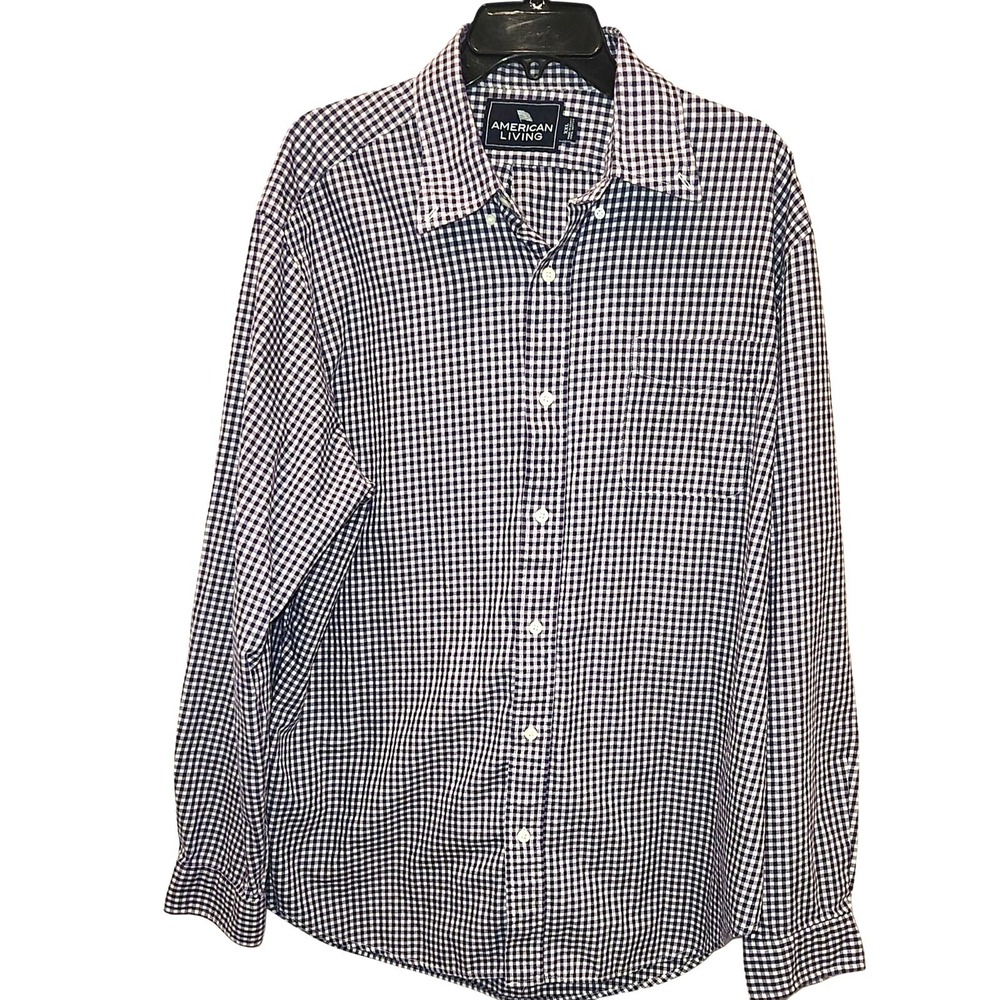 American Living Mens XXL Gingham Button Down Shirt‎ Purple White L/S Cotton